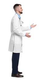 Doctor in coat with stethoscope on white background