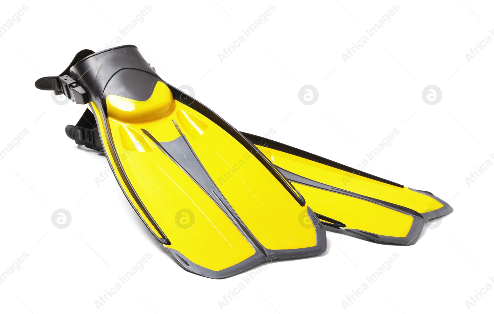 Photo of Pair of yellow flippers on white background