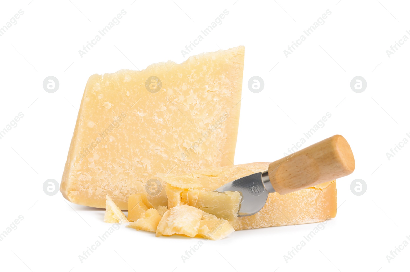 Photo of Delicious parmesan cheese and knife on white background