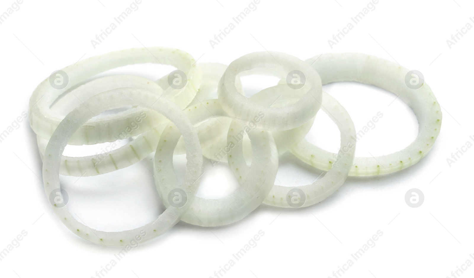 Photo of Fresh raw onion rings on white background