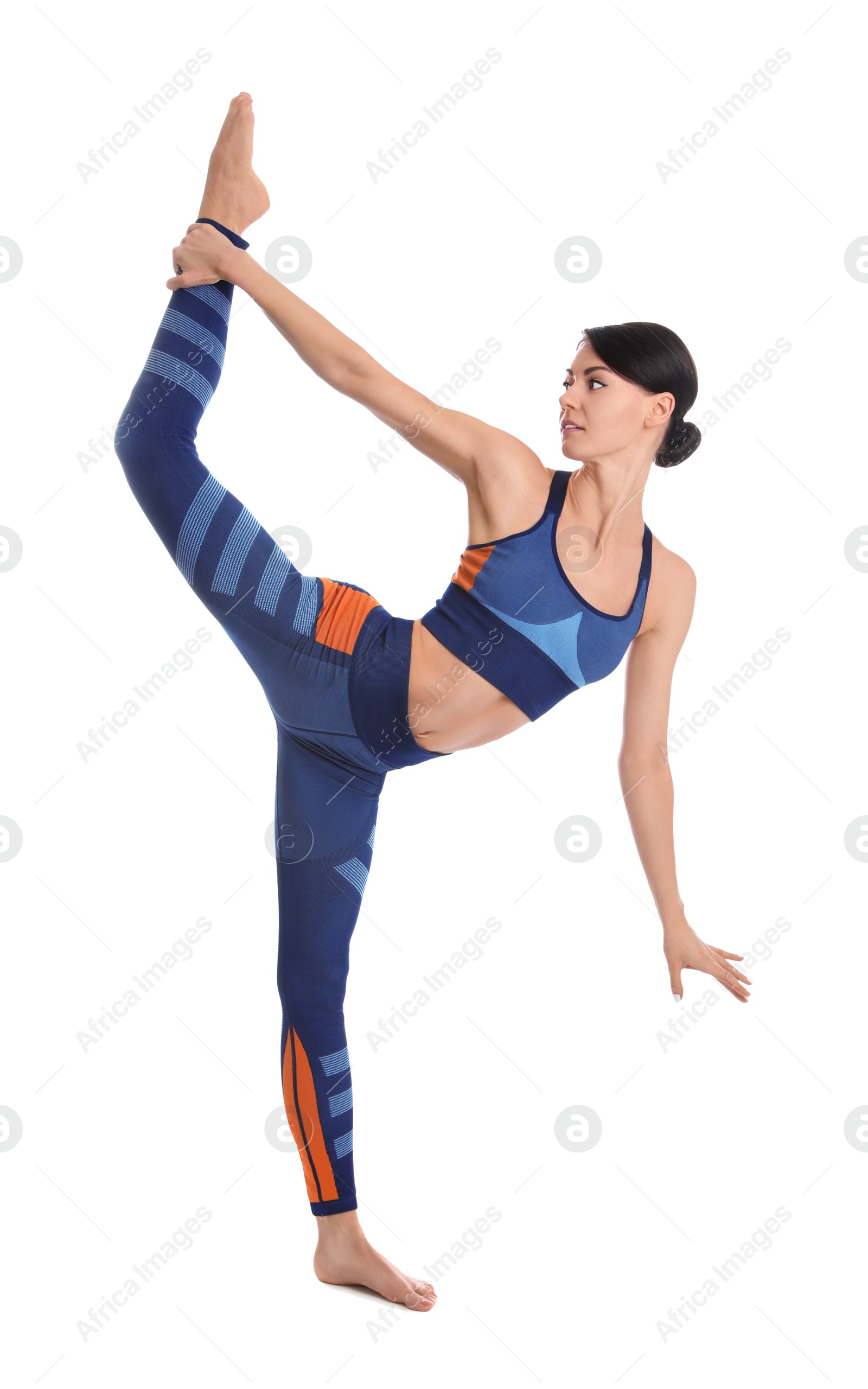 Photo of Professional young acrobat exercising on white background