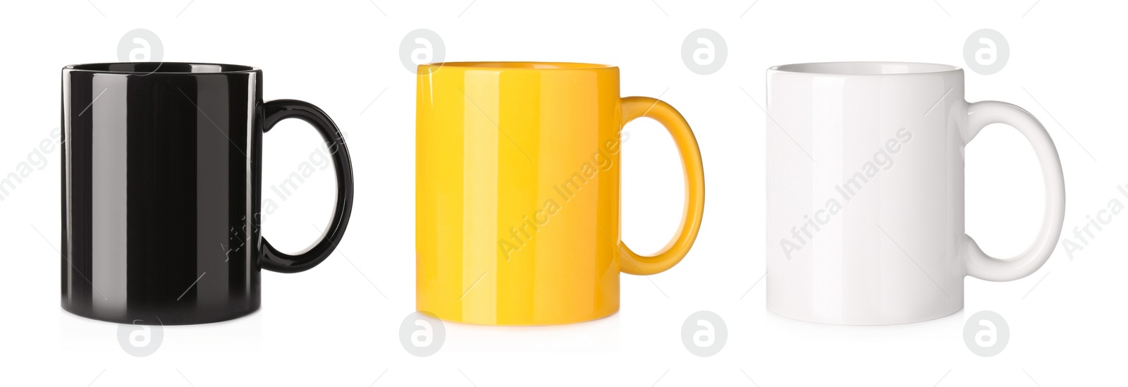 Image of Set with different ceramic mugs on white background. Banner design