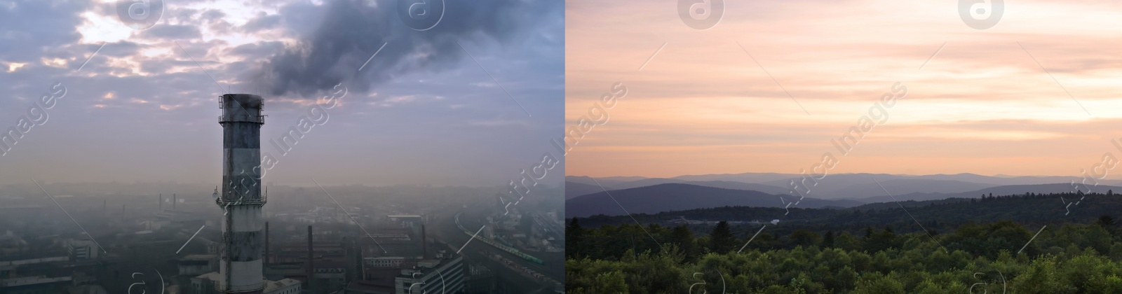 Image of Environmental pollution, banner design. Collage divided into mountain landscape and aerial view on industrial factory with emissions