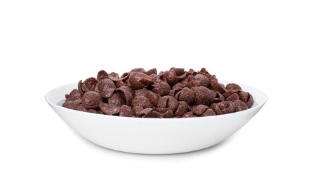 Photo of Breakfast cereal. Chocolate corn flakes in bowl isolated on white