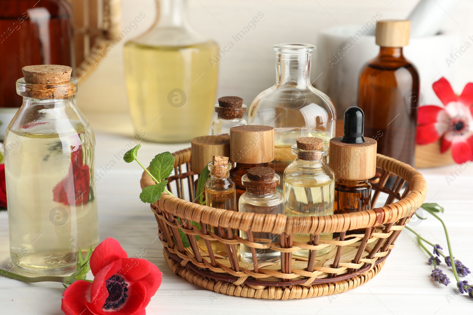 Photo of Aromatherapy. Different essential oils and flowers on white wooden table