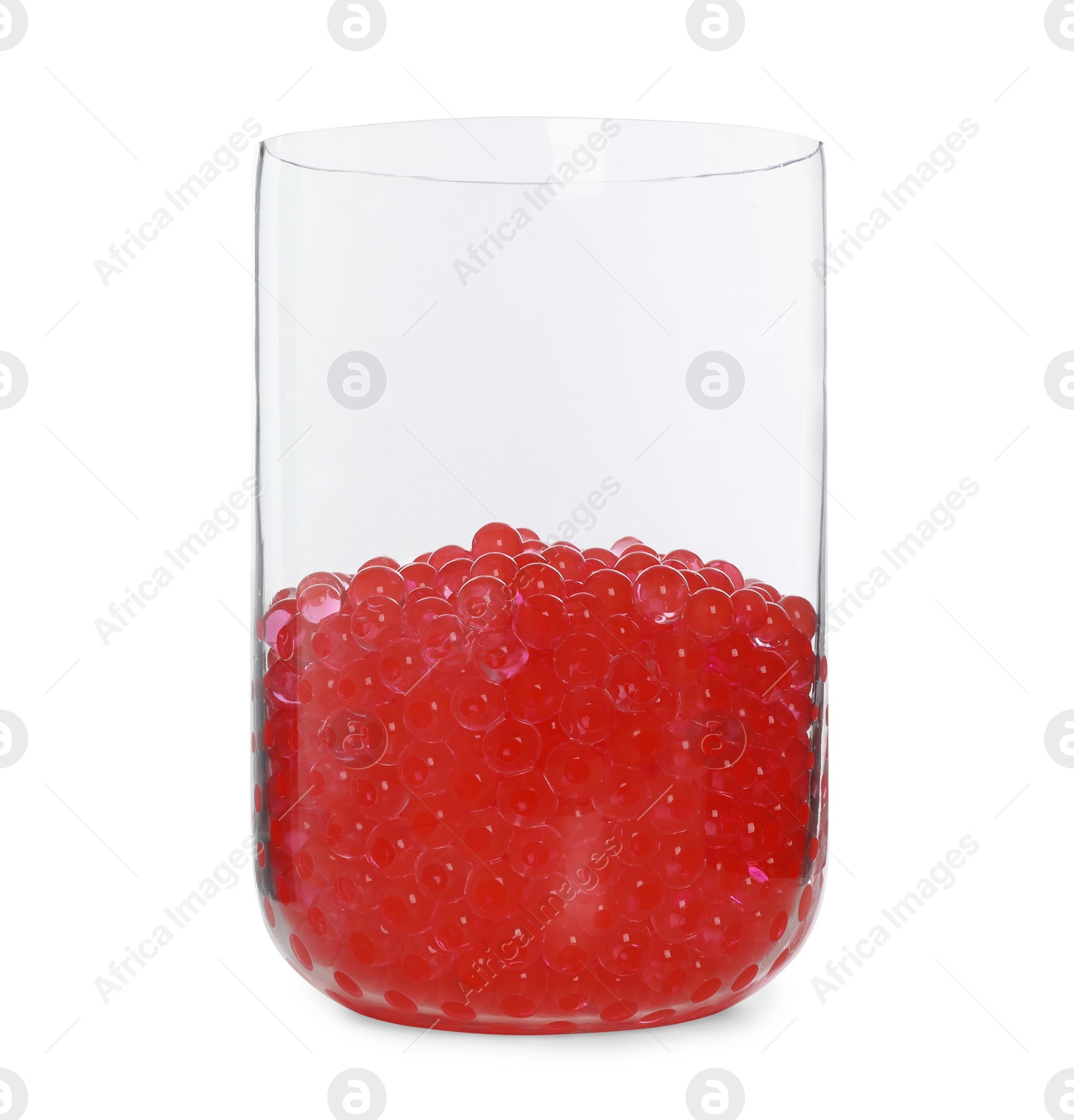 Photo of Red filler in glass vase isolated on white. Water beads