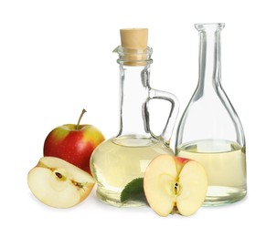 Image of Natural apple vinegar and fresh fruits on white background 