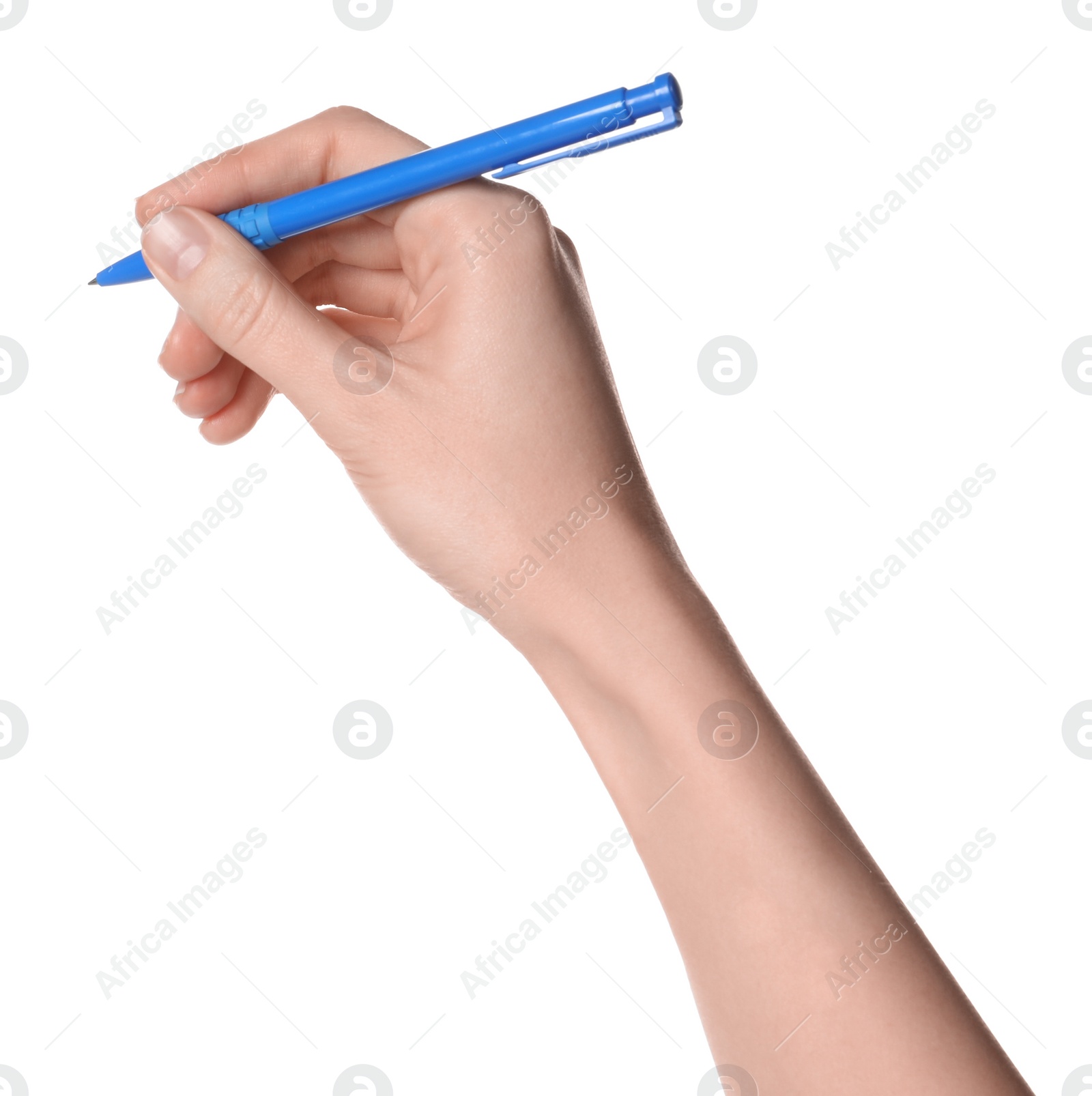 Photo of Woman holding pen on white background, closeup of hand