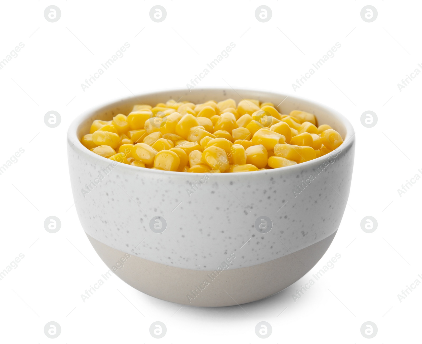 Photo of Bowl with corn kernels on white background