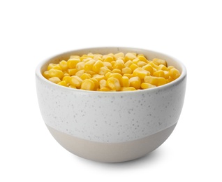 Photo of Bowl with corn kernels on white background