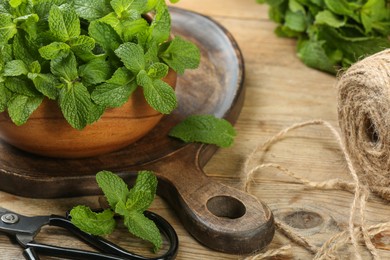 Bowl with fresh green mint leaves, twine and scissors on wooden table
