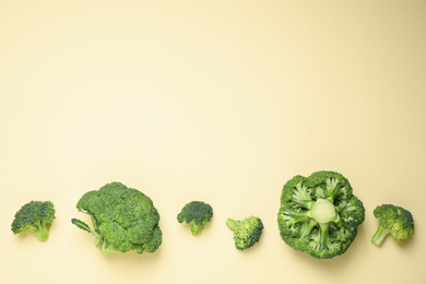 Photo of Fresh broccoli on beige background, flat lay. Space for text