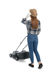 Photo of Young woman with modern lawn mower on white background, back view