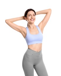 Photo of Happy young woman with slim body posing on white background