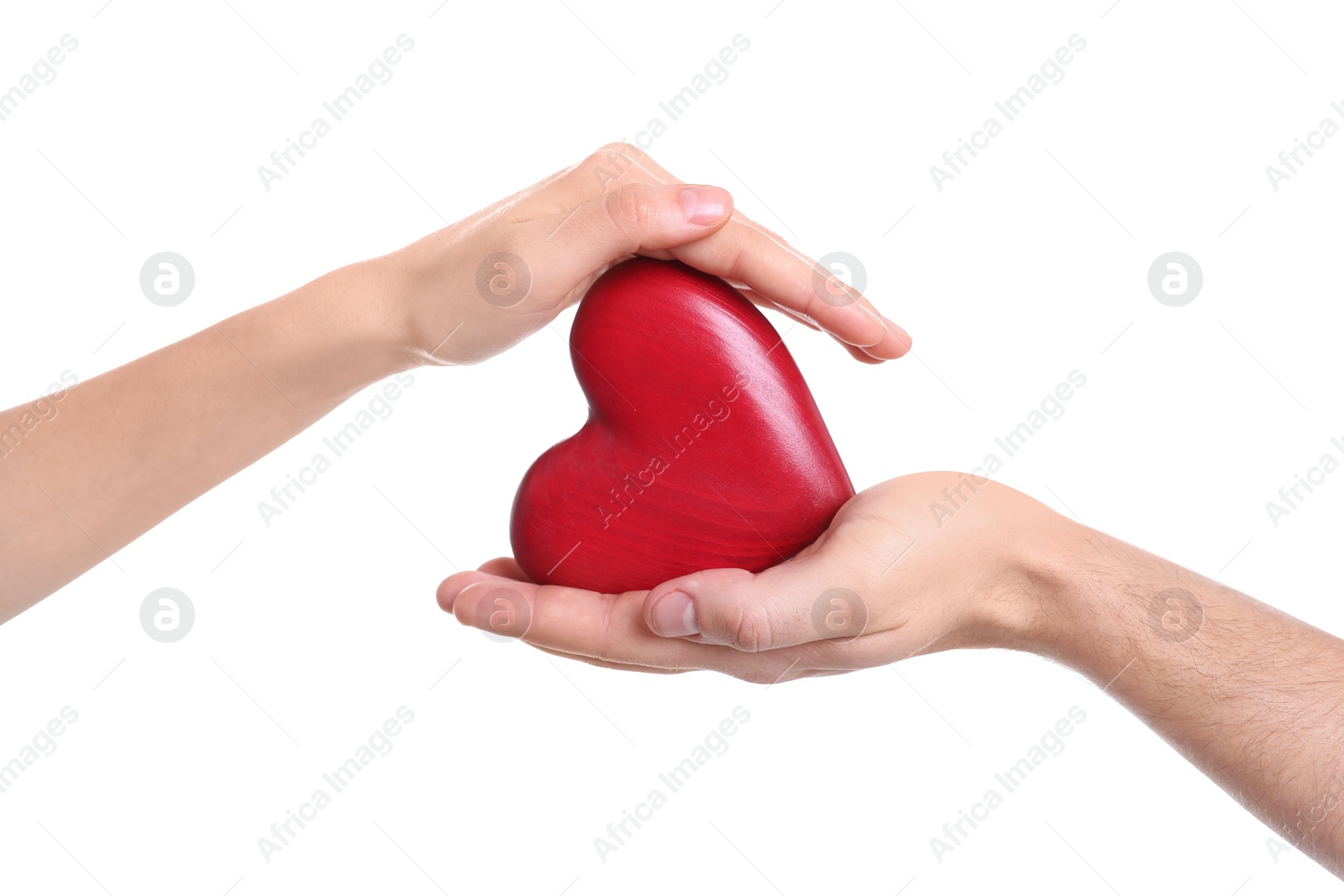 Photo of Man and woman holding decorative heart on white background, closeup