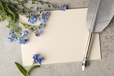 Beautiful Forget-me-not flowers, blank paper and feather pen on grey table, flat lay. Space for text