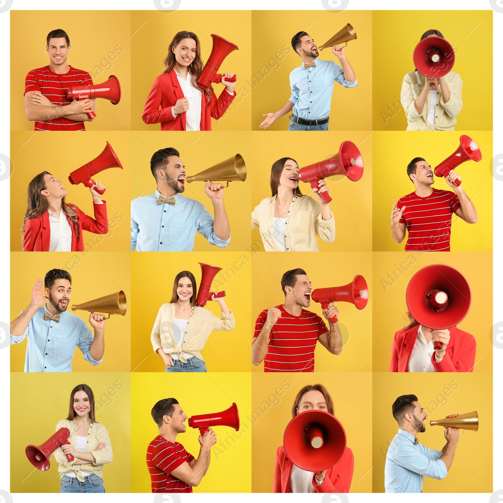 Image of Collage of people with megaphones on yellow background