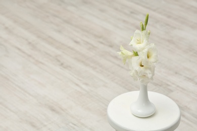 Photo of Vase with beautiful gladiolus flowers on table indoors