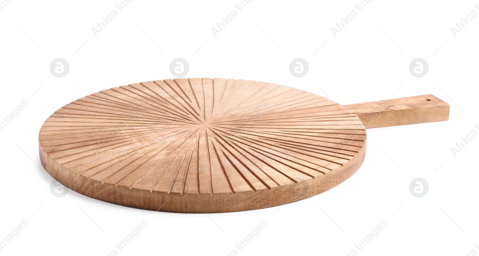 Photo of Round wooden cutting board isolated on white