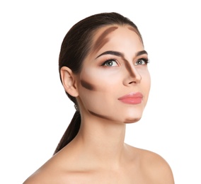 Photo of Young woman with contouring lines on her face against white background. Professional makeup products