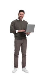 Photo of Handsome bearded businessman with laptop on white background