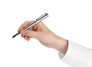 Woman holding stylish fountain pen on white background, closeup