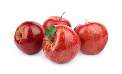 Photo of Ripe juicy red apples with leaf on white background