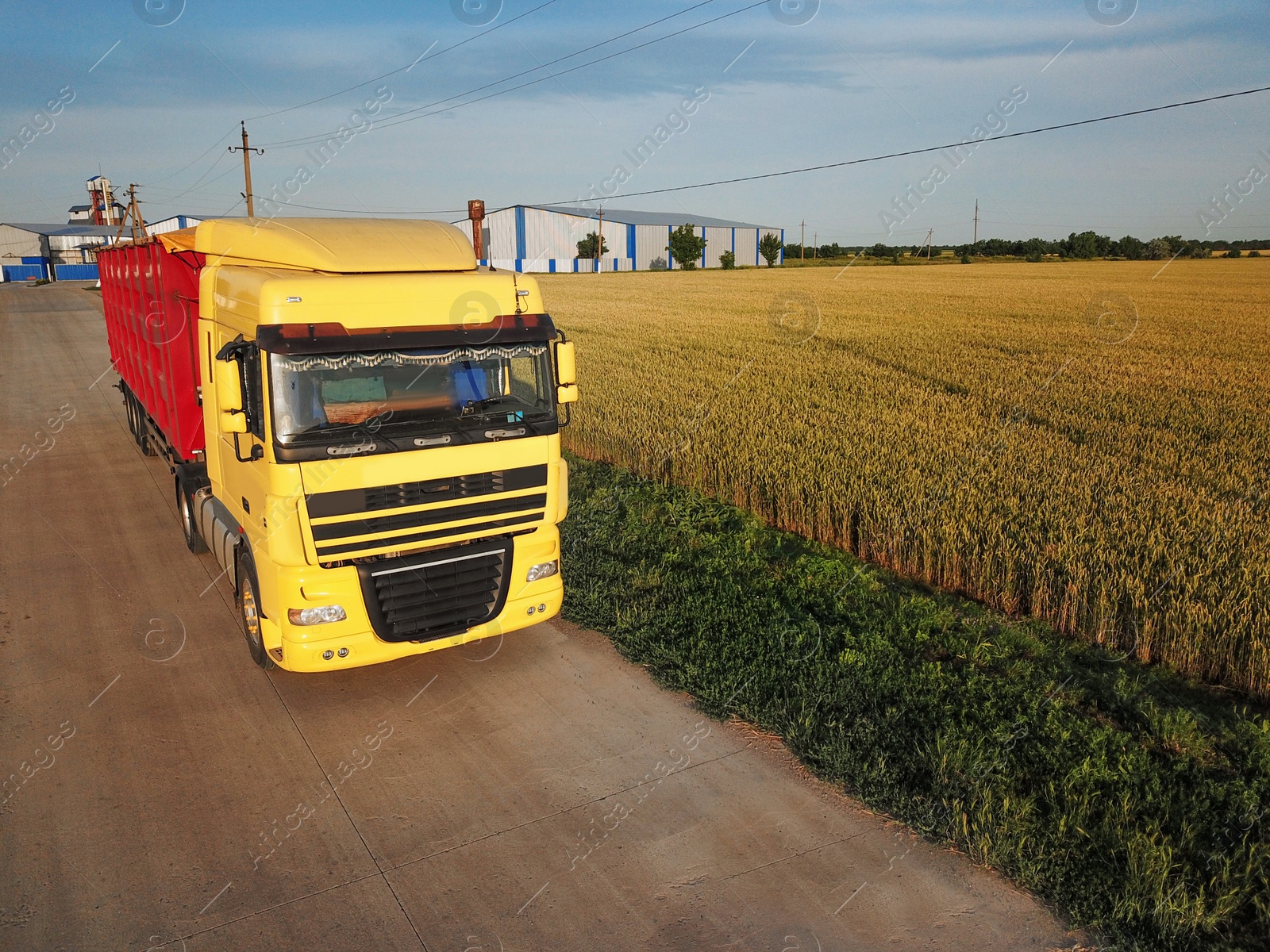 Photo of Modern bright truck on road near wheat field