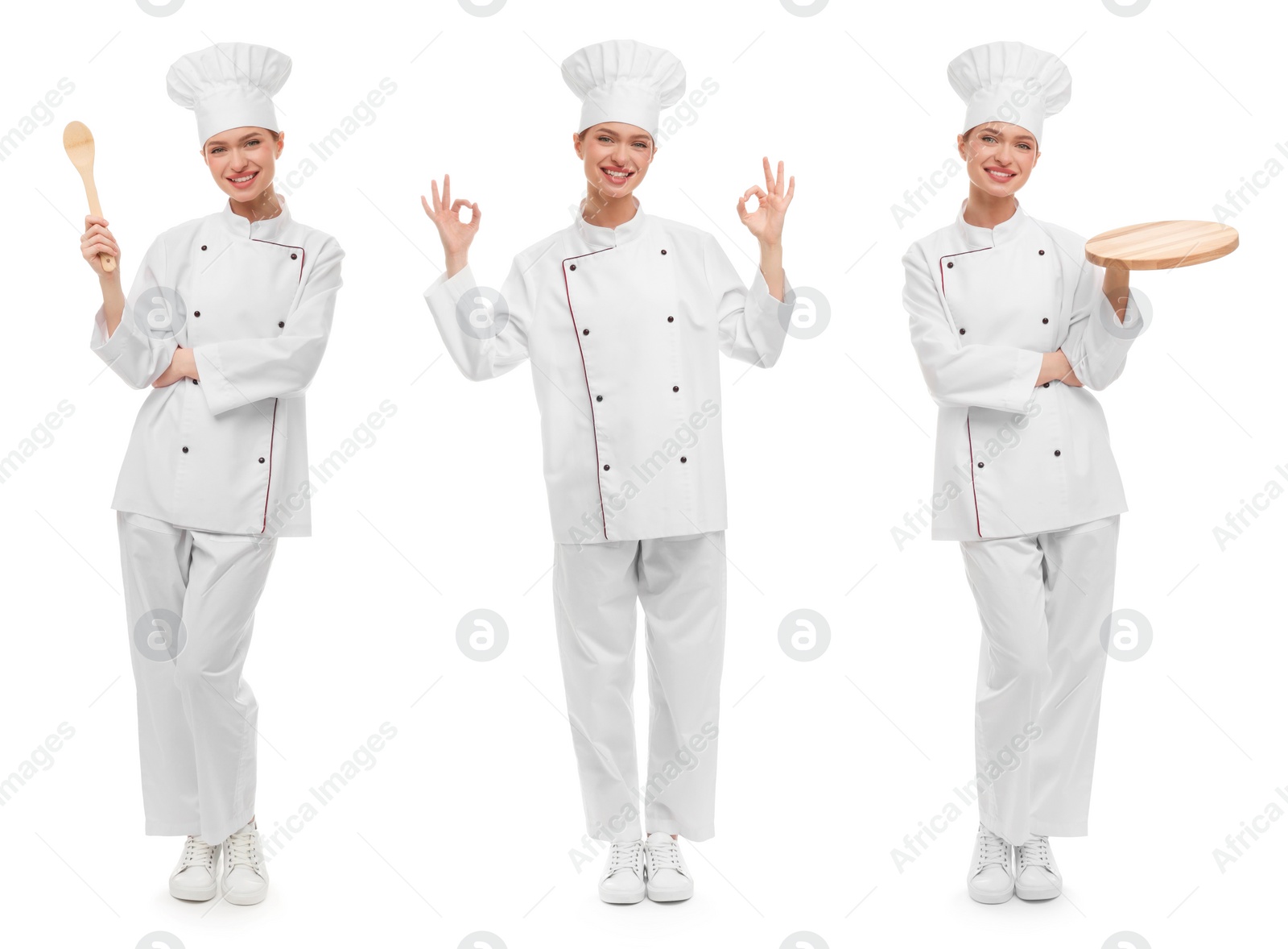 Image of Chef in uniform on white background, set with photos