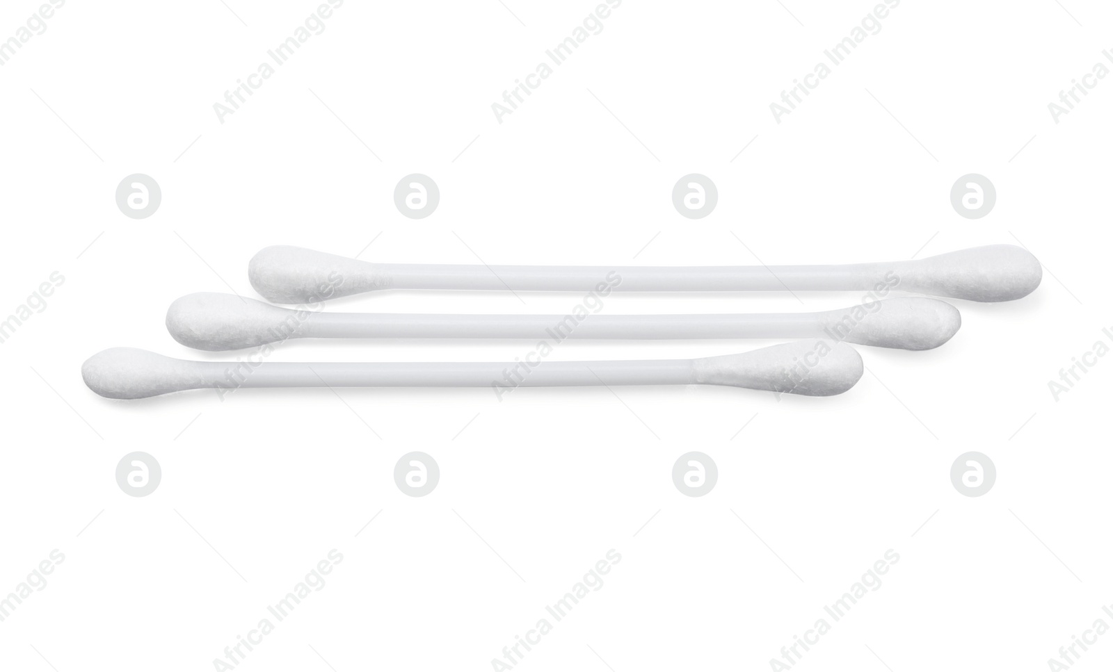 Photo of Plastic cotton buds on white background, top view