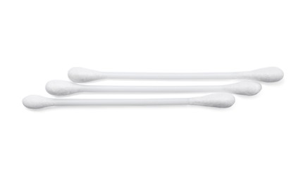 Plastic cotton buds on white background, top view