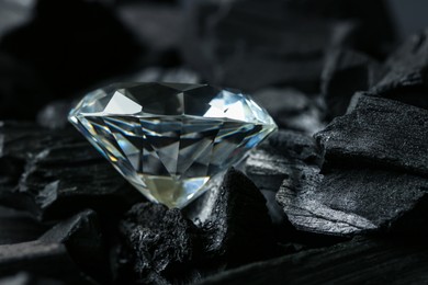 Photo of Beautiful shiny diamond on coal, closeup view