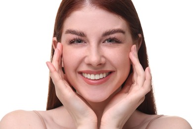 Portrait of smiling woman on white background