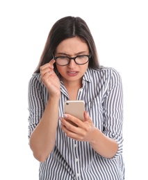 Photo of Young woman with glasses using mobile phone on white background. Vision problem