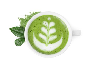 Photo of Delicious matcha latte in cup, leaves and powder on white background, top view