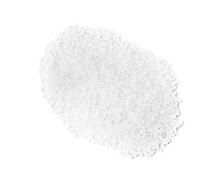 Photo of Pellets of ammonium nitrate on light grey background, flat lay. Mineral fertilizer