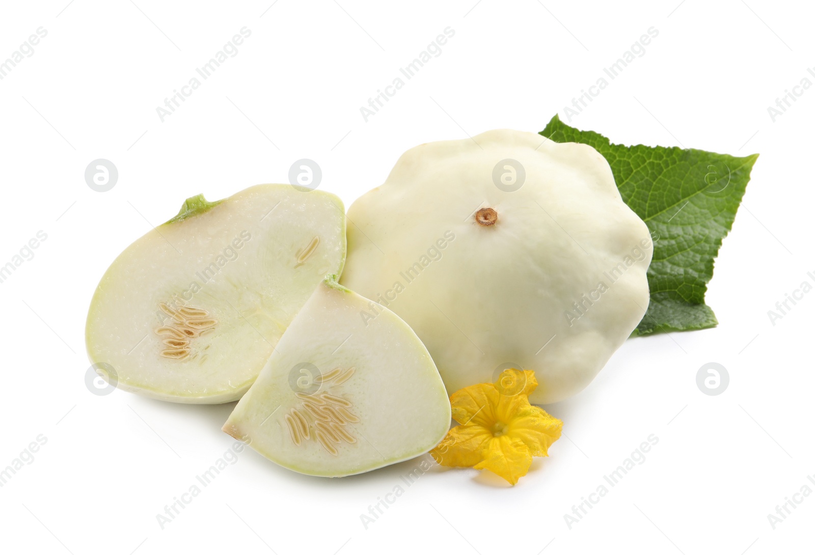 Photo of Fresh ripe pattypan squashes with leaf and flower on white background