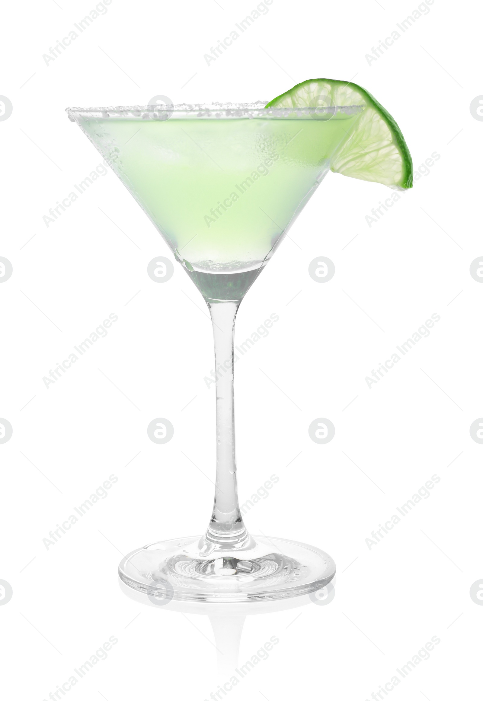 Photo of Delicious Margarita cocktail in glass, salt and lime isolated on white