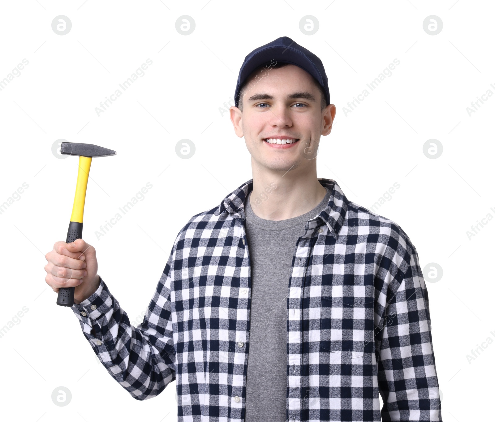 Photo of Young man holding hammer on white background