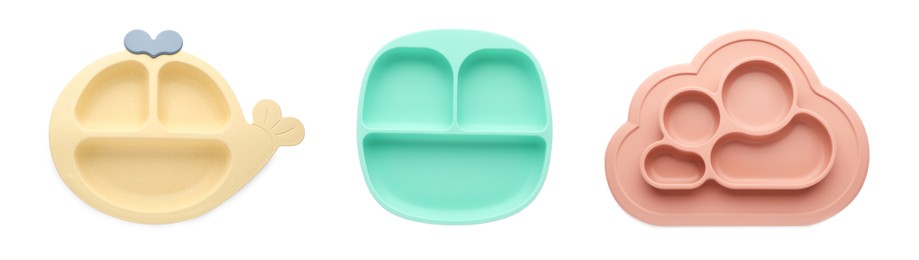Image of Set with colorful section plates on white background, top view. Serving baby food