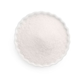 Photo of Granulated sugar in bowl isolated on white, top view