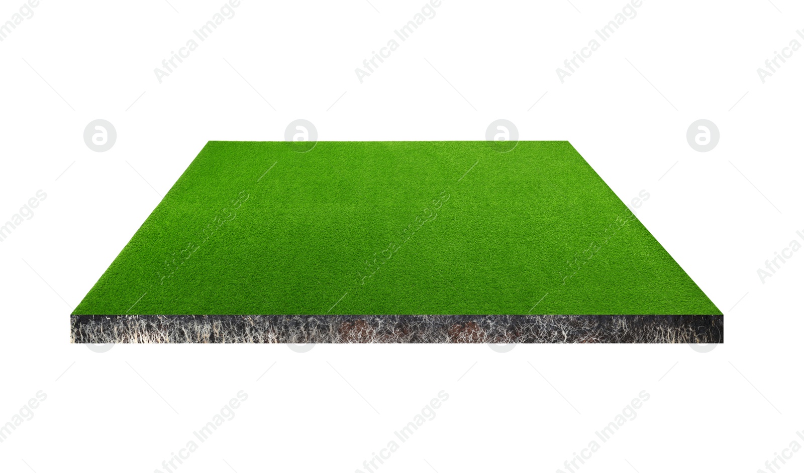 Image of Green grass with soil. Land piece in shape of square isolated on white