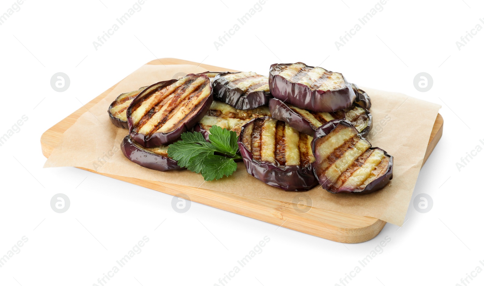 Photo of Serving board with delicious grilled eggplant slices with parsley isolated on white