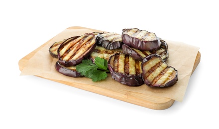 Photo of Serving board with delicious grilled eggplant slices with parsley isolated on white