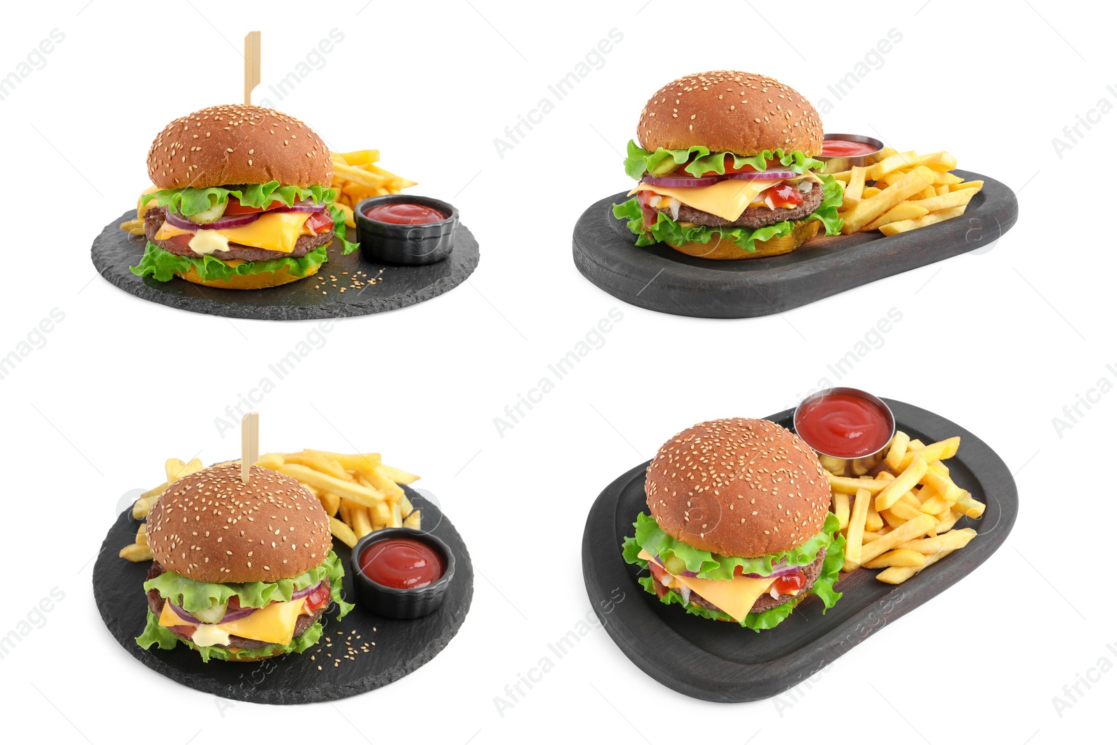 Image of Collage with delicious burgers and French fries on white background