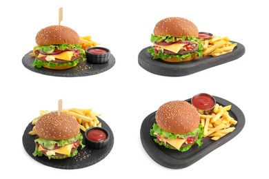 Image of Collage with delicious burgers and French fries on white background