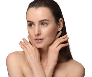 Portrait of beautiful young woman on white background