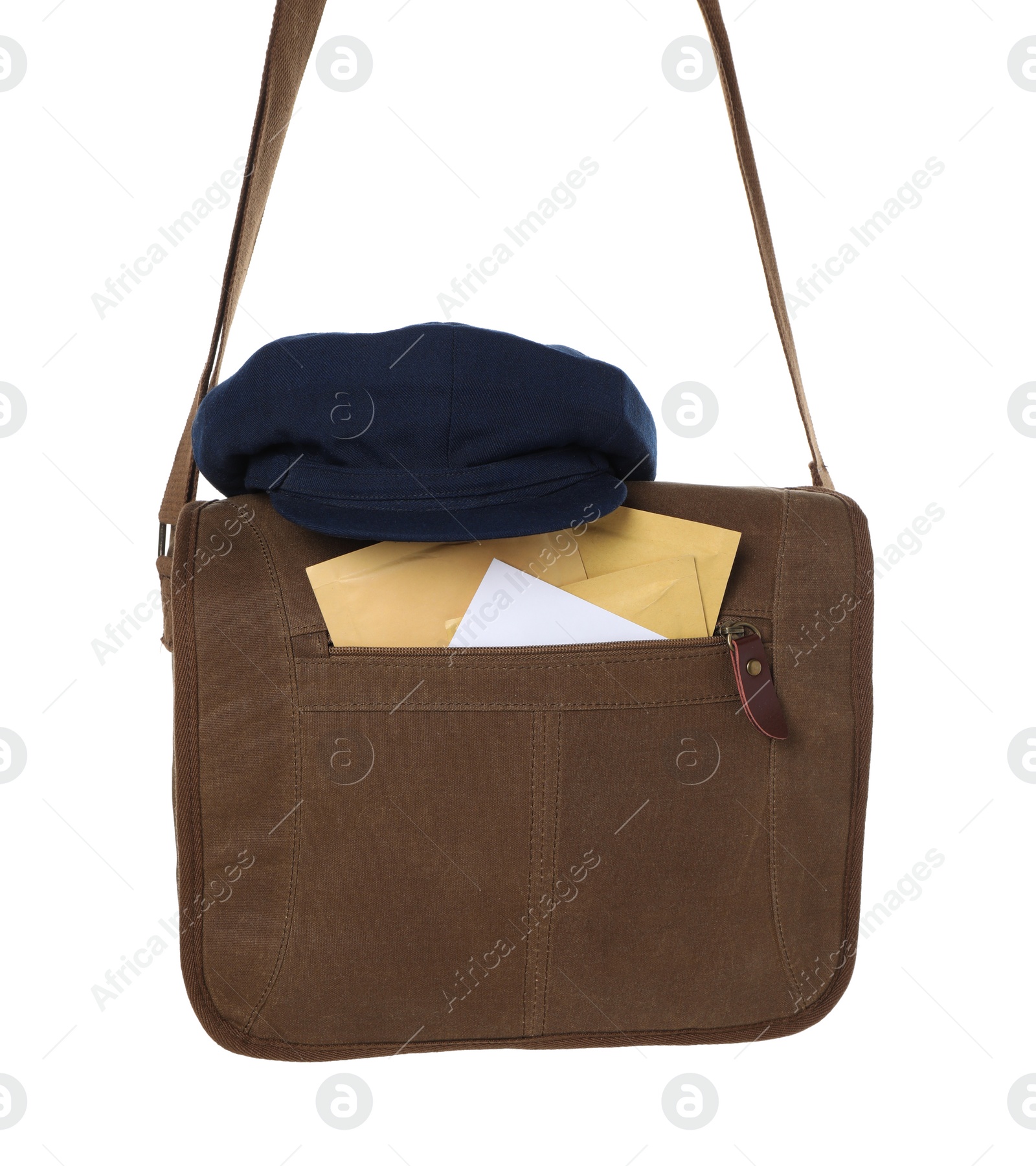 Photo of Brown postman bag with mails and hat on white background