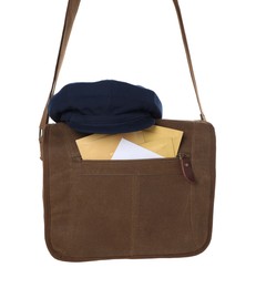 Brown postman bag with mails and hat on white background