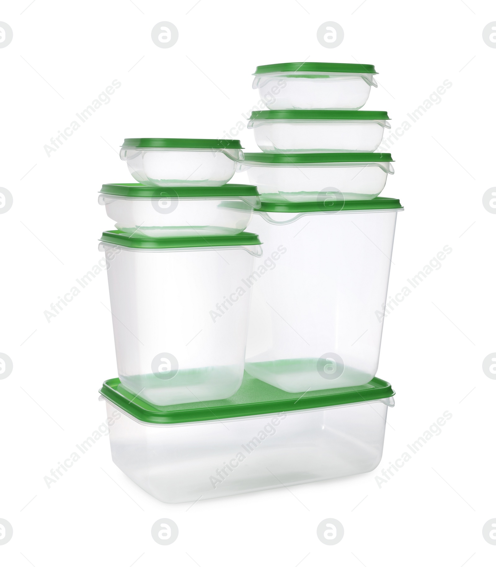 Photo of Set of empty plastic containers for food on white background